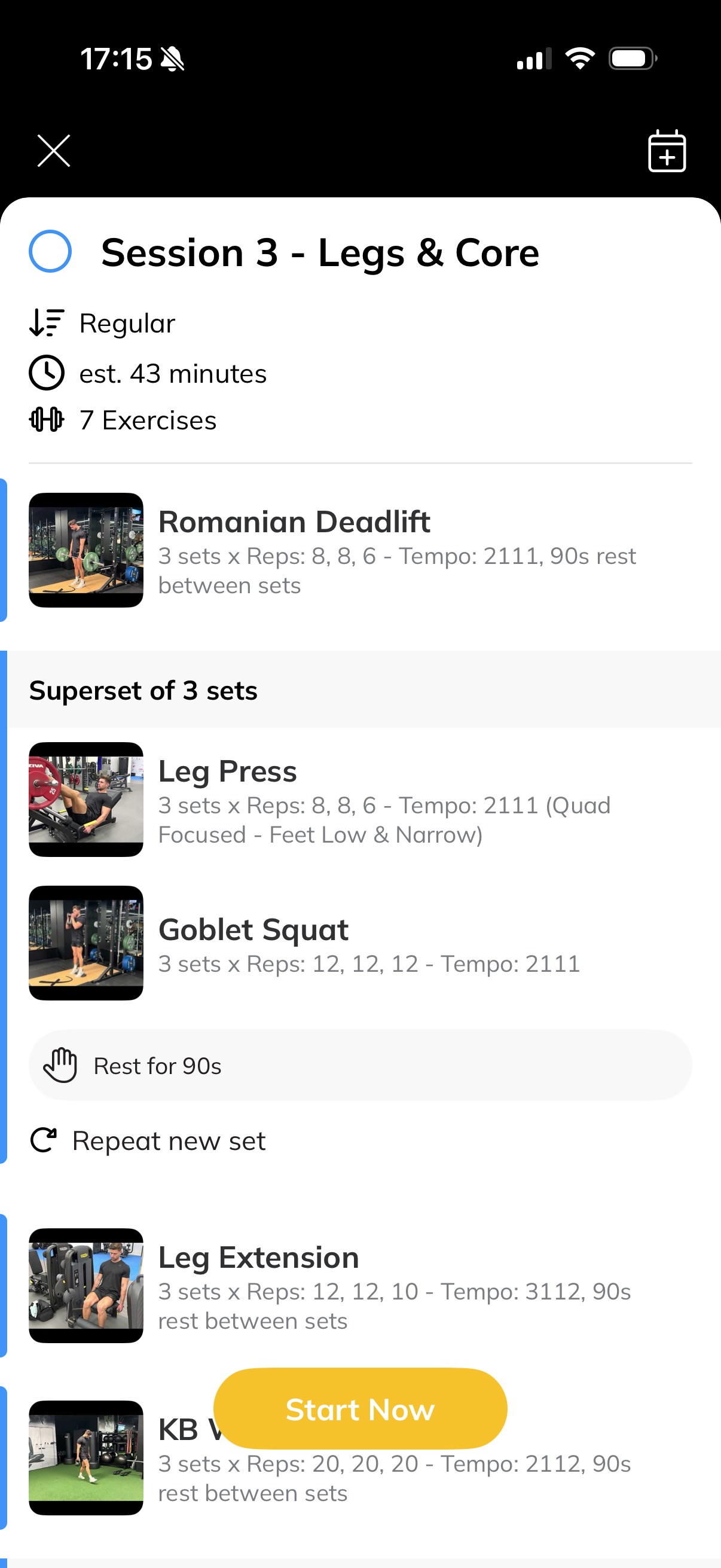Workout session screen